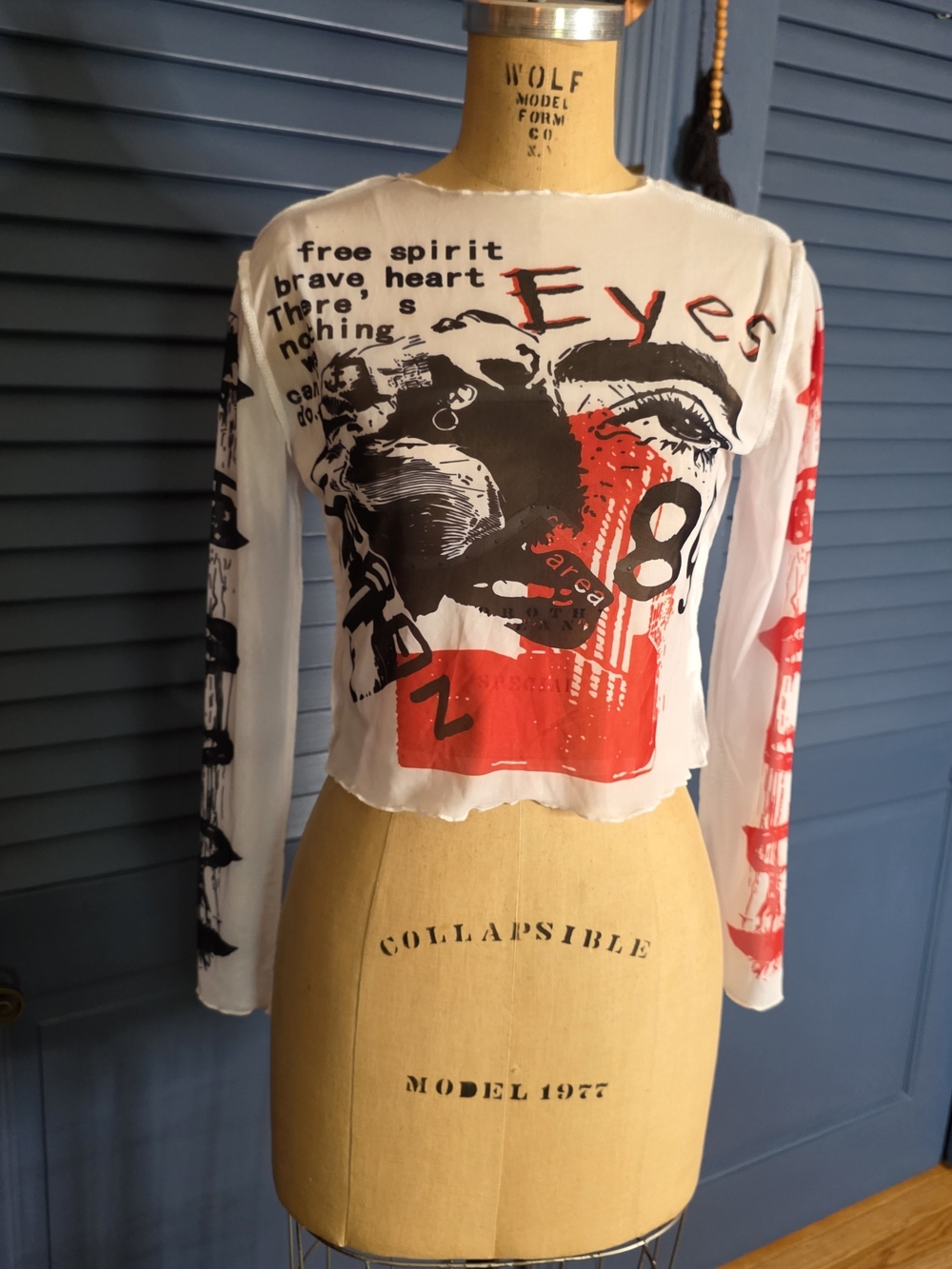 Unbranded Fairy Grunge Eyes Print Long Sleeve Crop Top Y2K Punk White L Fits S